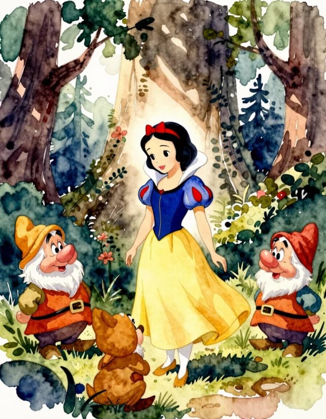 A masterpiece. Creating an image. The style is watercolor painting. Delicate watercolor on raw material.((Snow White and (the Seven Dwarfs:1.6), against the background of a fantastic forest, on a sunny beautiful day:1.6)). High resolution. High detail and clear texture. Close-up. High quality. Increased attention to small details. The aspect ratio is 3:4. The artists are Levitan, Shishkin.
