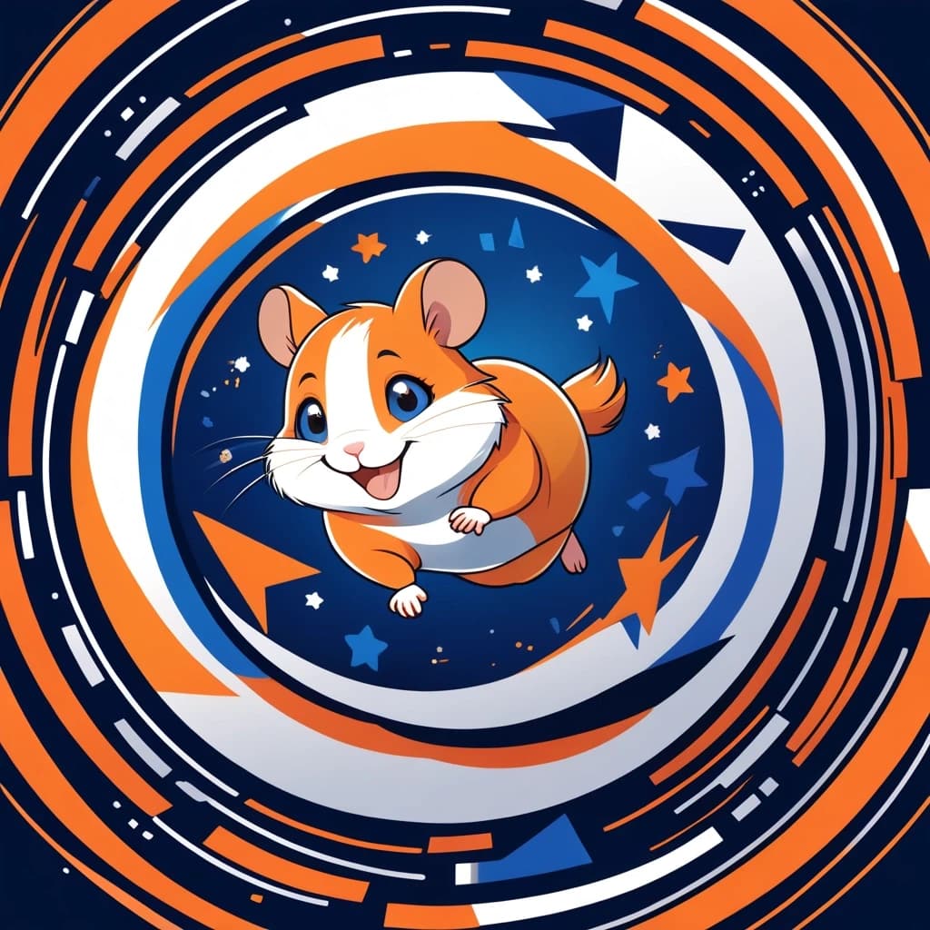 A modern, sleek round logo for a kids' sports team named "Hamsters". A vector illustration of a fast, smiling hamster running forward inside a circular badge. The color palette is vibrant orange, deep blue, and white to represent energy. The border of the circle features geometric stars and speed lines. At the top of the ring, it says "ДЕТСКАЯ ГРУППА", at the bottom "ХОМЯЧКИ" in a bold, athletic sans-serif font. Style: Flat vector design, minimalistic, clean lines, professional brand identity, white background, 4k.