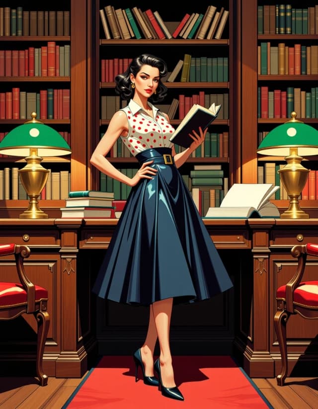 A masterpiece,  in the style of the 1980s, with bold lines, dynamic strokes and rich textures, on background with a touch of nostalgia, perhaps with subtle drawings inspired by cellulose and vintage, worn textures similar to paper,oil painting, Photorealistic cinematic portrait of a glamorous 1950s pin-up woman standing confidently beside a heavy wooden library desk in an old, ornate study. She wears a sleeveless collared polka-dot dress in navy, white and red with a wide navy belt and full swing skirt, glossy black high heels, red lipstick and vintage victory-roll hair; holding an open hardcover book in one hand, other hand on hip. Rich mahogany bookshelves tower behind her filled with leather-bound volumes, brass and gold carved details, tufted leather chairs and stacked books on the desk. Warm, directional cinematic lighting with soft rim light and subtle volumetric rays, deep wood grain textures, polished brass banker lamps with green glass shades casting pools of light, shallow depth of field, high detail, realistic skin and fabric textures, filmic color grading, slight film grain, eye-level full-body composition, elegant retro glamour mood. celshading, simple background