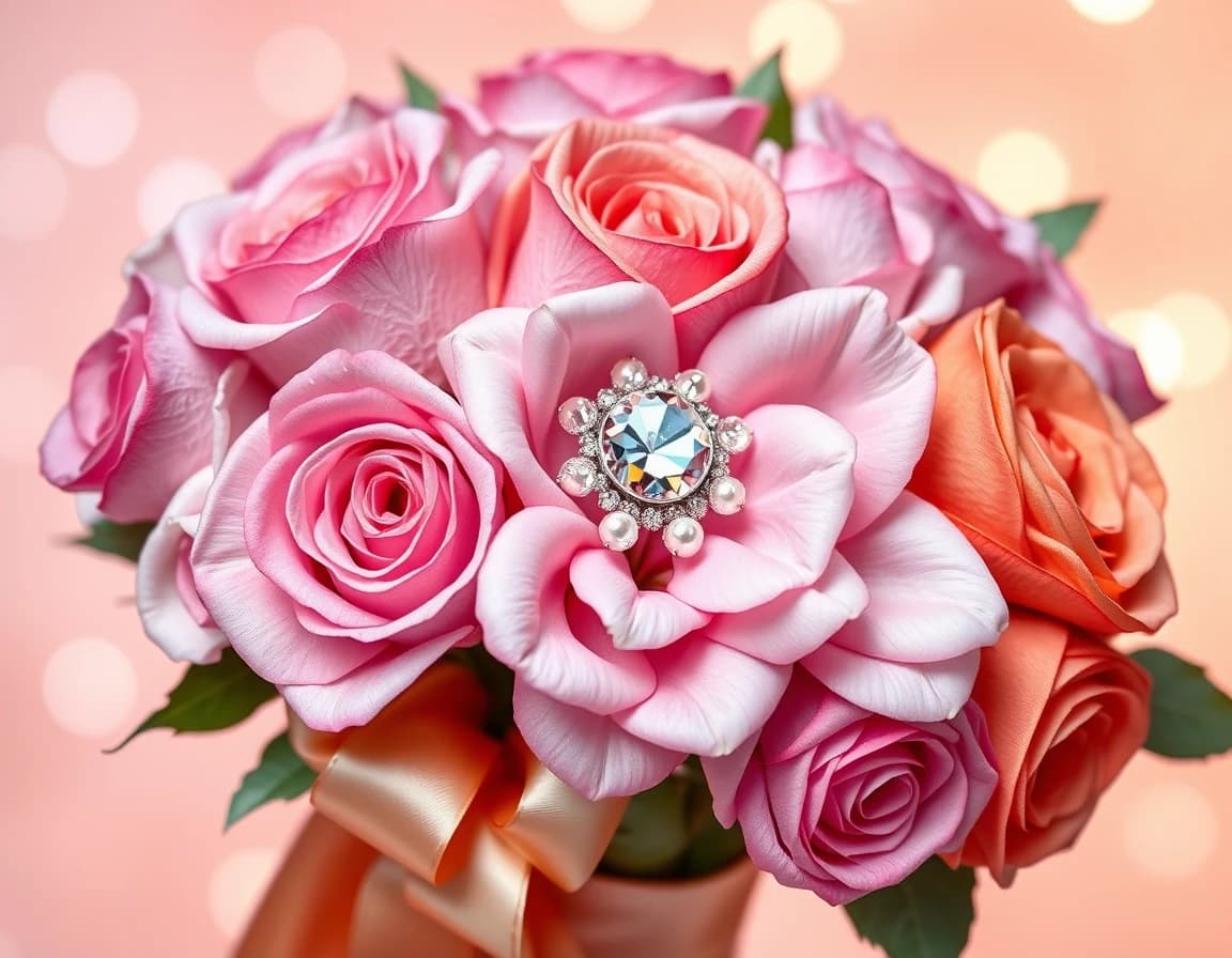 Square luxury birthday greeting card, elegant bouquet of lush roses in soft pink, lilac and warm orange tones, porcelain-like petals decorated with dew drops and delicate pearl beads, satin champagne-gold ribbon with crystal centerpiece, feminine, glamorous, premium floral art, pastel lilac and peach background, soft glow, bokeh lights, studio lighting, ultra-detailed, realistic yet artistic style, high-end postcard design, Style Preset: luxury, elegant, realistic, CFG, Guidance: 7–9