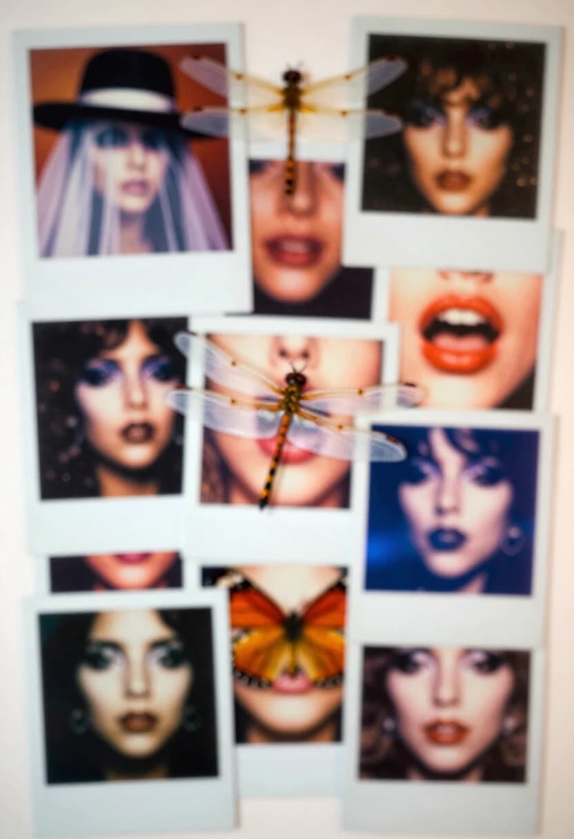 Photo collage,
abstract, chaotic arrangement of elements on a board. Mystical images, eyes, lips. Polaroid. Diagonal. Dragonfly wings. American poster from the 1980s. Blurred, bokeh, blurred. Experiments.
Separate fragments of the photograph: hat with veil, lips (semi-vertical), butterfly wing. Blue accent.
expression
dynamic