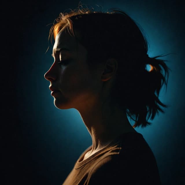 A person standing still in the dark, eyes closed. A faint warm glow radiates from within them — soft, like memory, not pain. Dark background, deep shadows, warm amber light, cold blue tones. Photorealistic, cinematic, emotional, symbolic. Vertical composition.