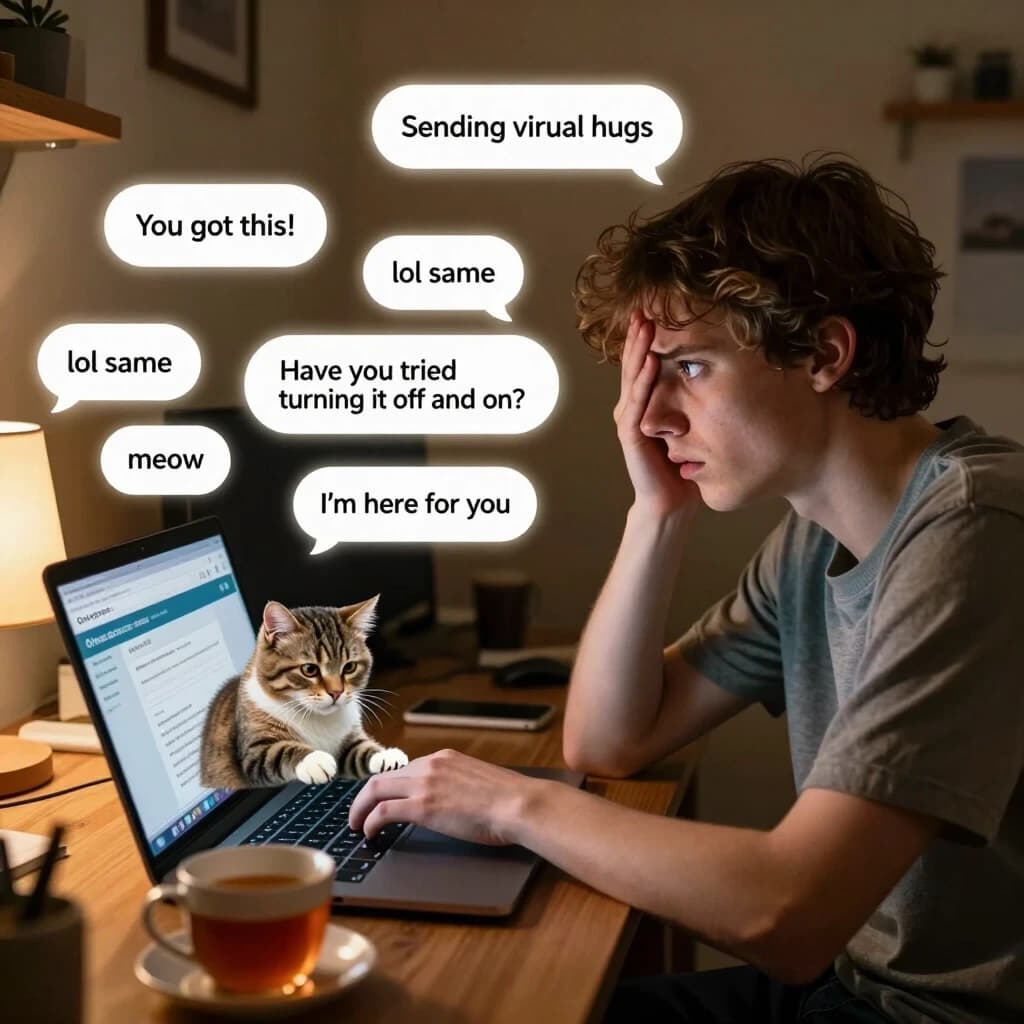 Cinematic humorous photorealistic shot of a young person sitting at a cozy desk with a laptop, looking touched but slightly overwhelmed. Around them in the air, glowing chat bubbles float with supportive messages: "You got this!", "Sending virtual hugs", "lol same", "Have you tried turning it off and on?", "I'm here for you". On the keyboard, a fluffy cat is pressing keys with its paw, typing its own message: "meow". The laptop screen shows a friendly online support forum. The room is warm and messy, with a cup of tea. . Playful, ironic, relatable, warm lighting, photorealistic, shallow depth of field, 4:5 aspect ratio.