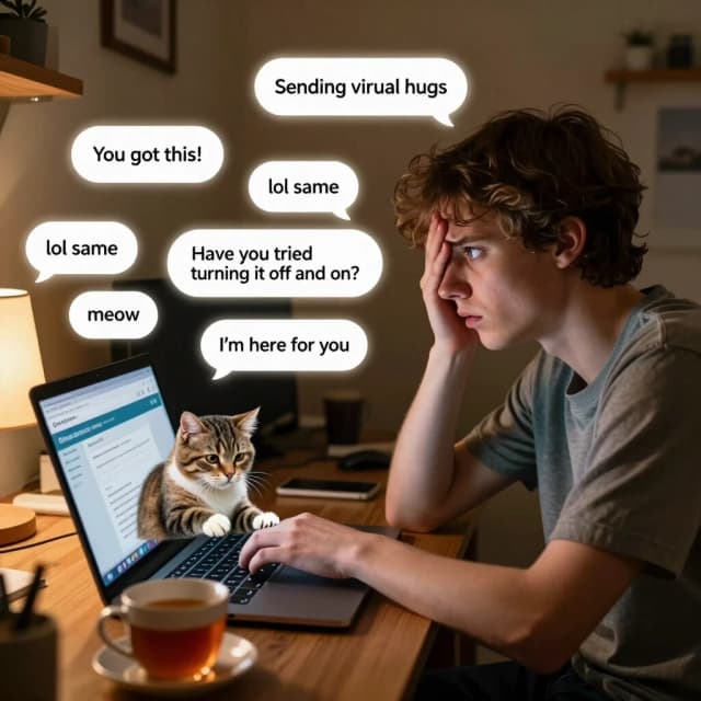 Cinematic humorous photorealistic shot of a young person sitting at a cozy desk with a laptop, looking touched but slightly overwhelmed. Around them in the air, glowing chat bubbles float with supportive messages: "You got this!", "Sending virtual hugs", "lol same", "Have you tried turning it off and on?", "I'm here for you". On the keyboard, a fluffy cat is pressing keys with its paw, typing its own message: "meow". The laptop screen shows a friendly online support forum. The room is warm and messy, with a cup of tea. . Playful, ironic, relatable, warm lighting, photorealistic, shallow depth of field, 4:5 aspect ratio.