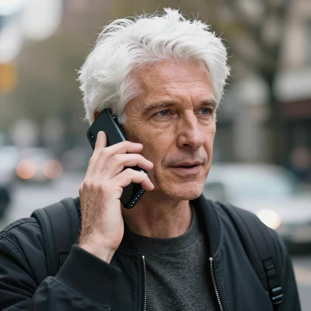 A guy with white hair is talking on a mobile phone