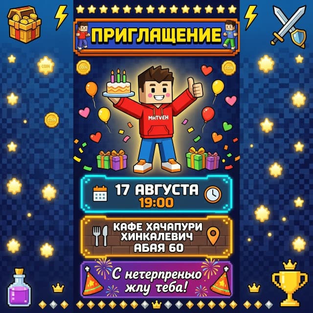 Приглашение на день рождения в стиле роблокс для мальчика.
Матвей 9 лет
Праздник состоится 17 августа в 19:00
Кафе Хачапури хинкальевич
Абая 60
Буду ждать с нетерпением