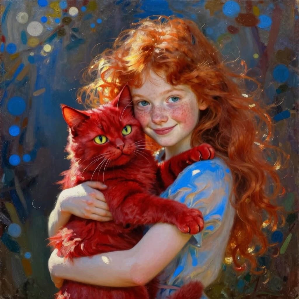 A cheerful red-haired girl holds a big red cat in her arms, hugging it. The girl has fluffy bright red hair, a freckled face, the sun's rays play in her hair, emphasizing its volume. The cat's face is crazy. Sunlight from above and from the side, diffused, blue diffused shadows on the girl and the cat. Abstract background, blurry light spots. Exquisite detailing, a masterpiece, oil painting, soft transitions, pure colors of the solar spectrum. art by Valentin Serov, Zinaida Serebryakova.