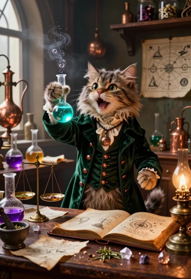 Создай фотореалистичную 3D‑иллюстрацию в стиле магического реализма с кинематографической постановкой кадра. В центре композиции — антропоморфный пушистый кот в образе алхимика: сохрани его характерную растрёпанную «причёску» из шерсти, широко распахнутые глаза и экспрессивное выражение морды — будто он одновременно взволнован и предельно сосредоточен.

На коте — тёмно‑зелёный бархатный сюртук с медными пуговицами и широкими лацканами, под ним — кремовая рубашка с жабо; на шее — шнурок с подвеской в виде стеклянного флакона с мерцающей жидкостью. В правой лапе кот крепко сжимает изящную стеклянную пробирку с ярко‑бирюзовой светящейся субстанцией, в которой медленно всплывают крошечные пузырьки и искрящиеся частицы.

На дальнем плане — массивный деревянный стол алхимика, заваленный атрибутами ремесла: медные реторты с изогнутыми трубками, стеклянные колбы разной формы с жидкостями насыщенных оттенков (пурпурной, янтарной, изумрудной), стопки потрёпанных пергаментных свитков с выцветшими схемами, латунные весы с чашами, ступка с пестиком, в которой видны остатки измельчённых трав. Рядом — открытая книга в кожаном переплёте с иллюстрациями магических символов и рукописными заметками на полях.

Вокруг стола — дополнительные детали: на полу — скомканные листы бумаги и рассыпанные кристаллы, на полке — банки с сушёными ингредиентами (корнями, лепестками, мелкими скелетами), на стене — закреплённые схемы алхимических превращений и карта звёздного неба. В воздухе — лёгкая дымка от испаряющихся зелий, отдельные светящиеся частицы медленно кружатся в лучах света.

Освещение — контрастное: основной источник — тёплый золотистый свет от небольшой масляной лампы на столе, создающий глубокие тени и яркие блики на стекле и металле; из узкого стрельчатого окна слева льётся холодный рассеянный свет, подчёркивающий текстуру дерева и шерсти.

Палитра — насыщенная, «алхимическая»: доминируют тёплые коричнево‑медные и тёмно‑зелёные тона, контрастирующие с яркими цветами жидкостей в сосудах и холодным голубоватым свечением пробирки в лапе кота. Уровень детализации — максимальный: проработай каждую шерстинку, текстуру бархата, гравировку на меди, капли конденсата на стекле, отдельные кристаллы и травы, потёртости на пергаменте, микрорельеф дерева. Стиль — магический реализм с элементами викторианской эстетики,