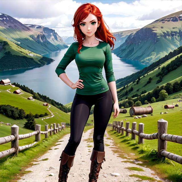 red-haired girl in black leggings, brown boots, and a green top, Viking times