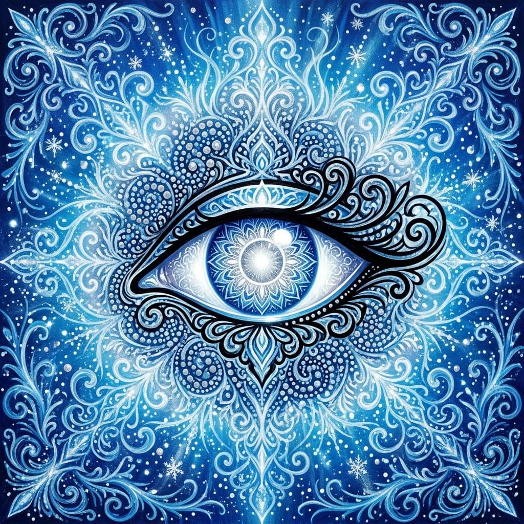 In the painting, we see a bright eye located in the center of the composition. This work is made in the style of psychedelic art, filled with deep symbolic elements.
The color palette:white-blue and blue: These cool shades dominate around the eye, creating a sense of depth and mystery. They are associated with intuition and spirituality.  Blue and silver. The iris of the eye is made in these colors, symbolizing harmony and balance.
- Black outline: Clear lines accentuate the shape of the eye and add drama. Bright accents: white and silver spots resemble falling snowflakes, giving the image vivacity and energy. The composition. The painting is symmetrical, which creates a sense of balance. The eye is surrounded by frosty patterns, which enhances the impression of fabulousness and magic.  Silver-blue dots on a light background create contrast and draw attention to the center of the painting. This drawing evokes associations with winter and New Year, inviting the viewer to look deeper into the world of fantasies and dreams. (Style):fantasy, fantasy art, shabby chic, rococo, baroque, art design, winter, romance, close-up, high quality, gradient, grace, inner light, 4k, complex details fairy tale, eyes.