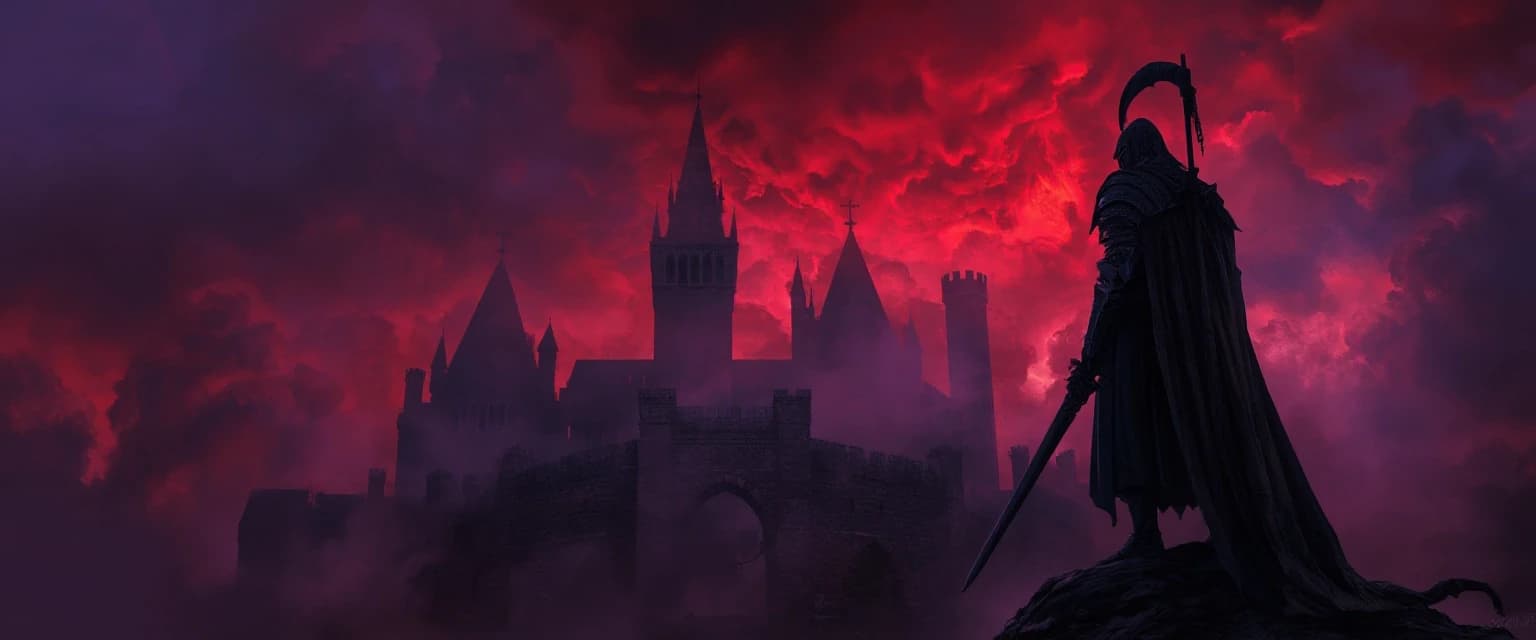 Dark fantasy gaming YouTube banner background, gothic ruined castle under a stormy blood-red and purple sky, mystical glowing fog, epic mood, detailed silhouette of a knight in armor on the side, negative space in the center for text, cinematic atmosphere, 8k wallpaper, volumetric lighting --ar 16:9