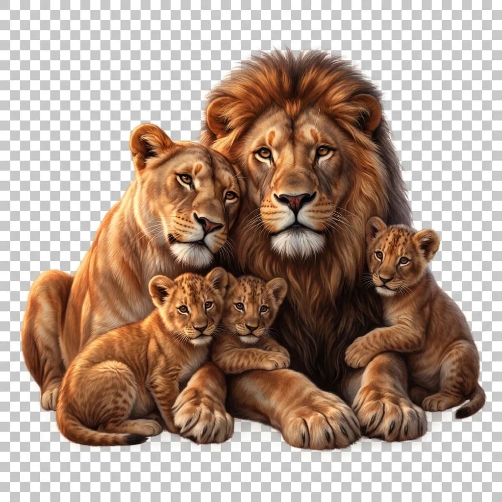 Draw a touching scene: a lion family, closely pressed against each other, conveys a sense of love, understanding, warmth, and affection. In the center is the father lion, next to him is the mother lioness, and on either side are three small lion cubs. The lions are looking at the viewer; their gazes are filled with tenderness and care. The lions’ fur is depicted in detail: soft highlights in golden‑red shades, delicate reflections. The background is transparent. Style: realistic digital painting, high level of detail, cinematic lighting, 8K.