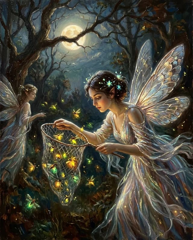 A real masterpiece. How an artificial intelligence would depict: (The image is made using the oil painting technique. Catching fireflies at dusk. Beautiful fairies in light transparent dresses, with mother-of-pearl wings, and nets catch glittering, sparkling fireflies against the background of twilight and full moon). Intense close-up. High resolution. High quality. Increased attention to small details. Hyperrealistic style of surrealism, impressionism, fabulous. Increased attention to the smallest details and texture of glowing fireflies. The artist Rembrandt, Velasquez.