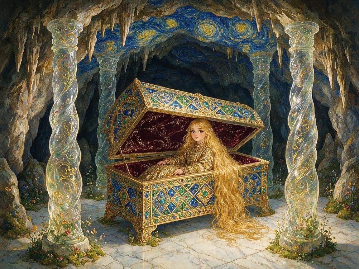 Painting of an ancient tomb in a cave in the style of Van Gogh and Josephine Wall. On four twisted glass pillars hangs a tomb, painted in a geometric style, diluted with Baroque style. Floral patterns and swirls, golden lines, bright inlay, clear pattern. A girl with long golden hair flowing to the marble floor is sitting in an open tomb. Expressive eyes with long eyelashes, an ancient Russian robe made of brocade and silk, embroidered with gold. High detail, fabulous atmosphere, illustration for a book of children's fairy tales. The style of the artist Viktor Vasnetsov, Ivan Shishkin, Ivan Bilibin. 8K.