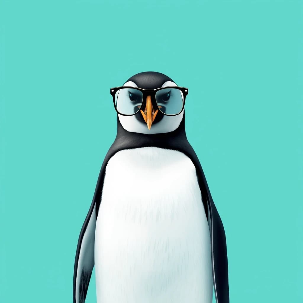 Draw a symmetrical frontal frame in the style of Wes Anderson for the A6 format. In the center is a full—length penguin, he stands straight, compact sunglasses with thin frames on his muzzle. The background is pure muted turquoise, without gradients. Palette: turquoise, black, white, gray. The lighting is bright but soft, without glare. High detail: the feathers are drawn individually, the eyeglass frames are finely detailed, and the proportions of the penguin are anatomically precise. No labels. 8K, stylized to match a movie frame.