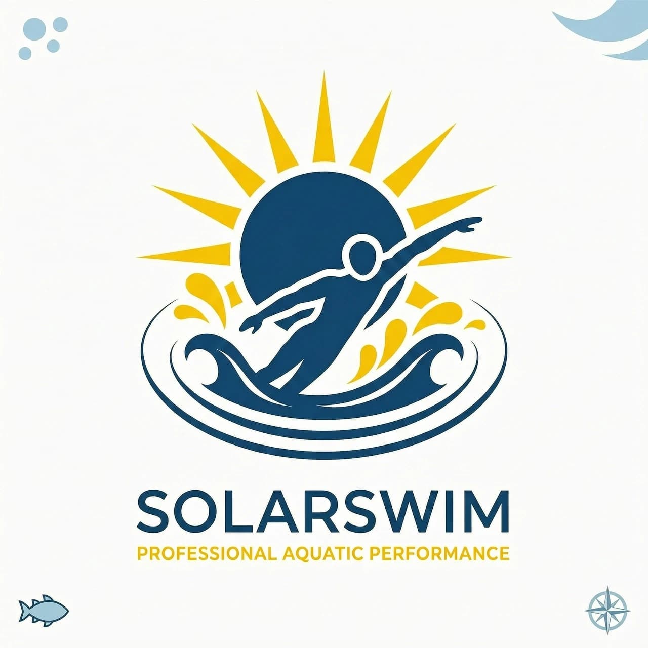 Minimalist vector logo design of a creative hybrid symbol combining a professional swimmer and a radiant sun, partially submerged in stylized water ripples. The silhouette of a swimmer in mid-stroke seamlessly merges with the glowing circular form of a sun, where the sun's rays transform into elegant, flowing water splashes and dynamic waves. Flat design, clean geometric lines, high contrast, solid shapes. Color palette: deep ocean blue, bright sunburst yellow, and crisp white. Centered composition, symmetrical balance, isolated on a plain white background. Professional branding aesthetic, sleek, modern, and iconic.