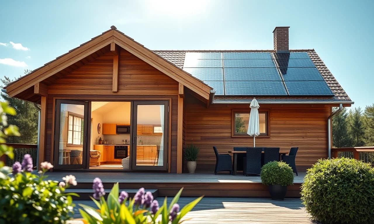 Close-up architectural shot of a modern Scandinavian style wooden frame house. Focus on a beautiful cozy terrace with panoramic glass windows and warm light glowing from the interior. High-quality natural light wood plank facade. Shiny neat solar panels are visible on the roof under a clear blue sky. Fresh green plants around, bright sunny day. Photorealistic, 8k resolution, highly detailed, real estate photography.