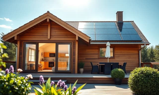 Close-up architectural shot of a modern Scandinavian style wooden frame house. Focus on a beautiful cozy terrace with panoramic glass windows and warm light glowing from the interior. High-quality natural light wood plank facade. Shiny neat solar panels are visible on the roof under a clear blue sky. Fresh green plants around, bright sunny day. Photorealistic, 8k resolution, highly detailed, real estate photography.