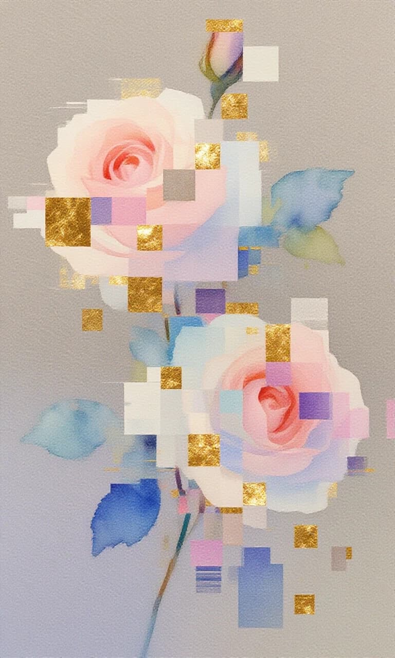 A watercolor painting on a neutral gray‑beige background with a gradient. Impressionism. Visible texture of the canvas or textured watercolor paper. Glitch art: digital roses consisting of squares, with digital glitching and distorted visual effects. Pastel, powdery shades. Accents of gold leaf, bright and shiny, highlighting significant elements. Art Deco style. Harmonious composition.