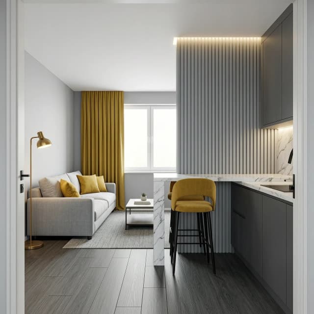 Interior design of a rectangular 18 sqm kitchen-living room, view from the entrance door. Room size 4.5m width x 4.0m depth, ceiling height 2.7m. Upon entering, on the left is a light grey fabric sofa against the wall, with a grey rug and a coffee table. On the far wall is a large window filling the space with soft daylight. To the right of the entrance is a compact graphite matte linear kitchen along the left wall, with white marble countertop and backsplash. Between the kitchen and living area stands a white marble bar counter with two mustard yellow upholstered bar stools. Vertical decorative slats panels in RAL 7040 medium cold grey on the border between kitchen and living area. Walls RAL 7047 light silver-grey, floor floor RAL 7012 basalt grey wood texture, white ceiling. Mustard yellow linen curtains on the window, two mustard cushions on the grey sofa. Black matte hardware, brass floor lamp, warm 3000K lighting, LED strip behind panels. Photorealistic, architectural visualization, soft daylight, clean lines, no clutter, 8k, ultra detailed --ar 16:9 --style raw
