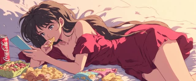 High-quality anime banner illustration, masterpiece, breathtakingly beautiful anime girl with detailed anatomical perfection, lying gracefully in a relaxed and aesthetic pose. She has long, flowing, silky brown hair cascading around her, and expressive, large, soulful brown eyes filled with a romantic, lovestruck gaze (love-struck expression). She is wearing an elegant, intricately detailed crimson red dress with soft fabric folds. She is casually eating potato chips while gazing intensely at her smartphone screen with a soft blush on her cheeks. Surrounding her is a cozy, cluttered arrangement of snacks: a cold can of Coca-Cola with condensation droplets, various colorful sweets, candies, and open snack bags. Cinematic lighting with a warm, soft glow, dreamy atmosphere, soft bokeh background. Vibrant colors, crisp lines, high-end digital art style reminiscent of Makoto Shinkai films, wide composition optimized for a web banner, 8k resolution, highly detailed textures.