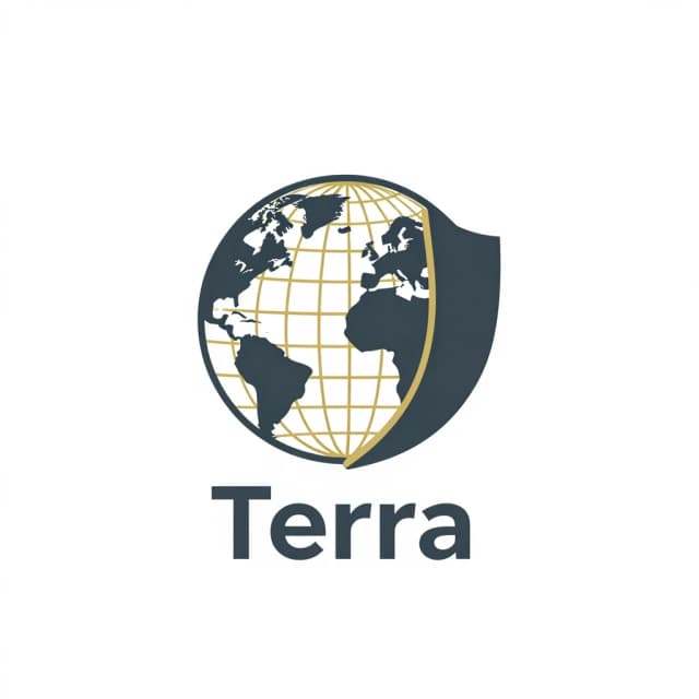 A minimalist logo design for the consulting company TerraTax. The name is a combination of the words "Terra" (Latin for "Earth", "Territory") and for "Tax". Visual Metaphor: A stylized geometric plot of land or a globe with fine grid lines represents a geographic map. This image is superimposed with a stylized shield (symbolic of protection from unjustified taxes), smoothly blending with the surrounding landscape. Style: Modern, corporate, and trustworthy. The deep, dark gray and gold color palette (symbolic of perseverance, resilience, and financial prosperity). Flat vector, geometric shapes, negative space utilization. White background, clean outlines, professional business branding. Aspect ratio 1:1.