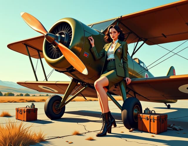 A masterpiece,  in the style of the 1980s, with bold lines, dynamic strokes and rich textures, on background with a touch of nostalgia, perhaps with subtle drawings inspired by cellulose and vintage, worn textures similar to paper, oil painting,  A cinematic, hyper-detailed painterly illustration of a vintage airfield scene: a confident woman in a tailored olive-green officer uniform with brass insignia, white blouse, pencil skirt and lace-up leather ankle boots leaning casually against the nose of a polished wooden-prop biplane at golden hour. Warm sunlight and long soft shadows create rim light on her hair and jacket; slight film grain and soft lens bloom. The biplane features an exposed radial engine, varnished wooden propeller, fabric-covered wings with visible ribs and rigging wires, riveted metal panels and a roundel on the tail. Foreground props include wooden wheel chocks, canvas tarpaulin, metal fuel cans, a small folding ladder and leather toolboxes. Composition: low three-quarter view, subject slightly left of center, wings framing diagonally, shallow depth of field focusing on the woman’s face and the engine detail, distant rolling fields and low hills under a clear pale blue sky. Emphasize rich textures—wood grain, stitched leather, woven fabric, brushed metal—warm ochre and olive palette with muted blues and sepia tones, realistic oil-painting style with cinematic lighting and crisp, meticulous detail, 4k quality. hdr