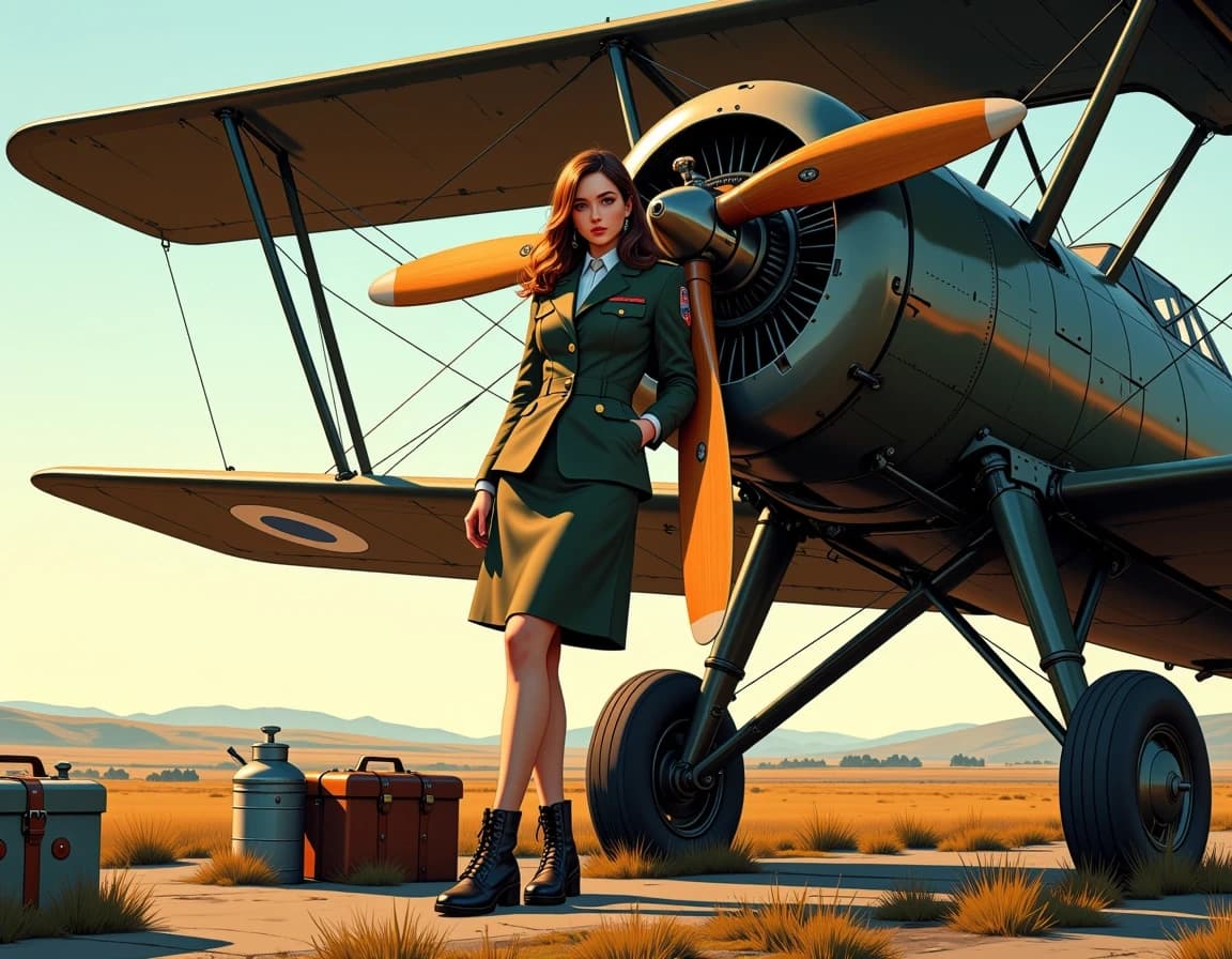 A masterpiece,  in the style of the 1980s, with bold lines, dynamic strokes and rich textures, on background with a touch of nostalgia, perhaps with subtle drawings inspired by cellulose and vintage, worn textures similar to paper, oil painting,  A cinematic, hyper-detailed painterly illustration of a vintage airfield scene: a confident woman in a tailored olive-green officer uniform with brass insignia, white blouse, pencil skirt and lace-up leather ankle boots leaning casually against the nose of a polished wooden-prop biplane at golden hour. Warm sunlight and long soft shadows create rim light on her hair and jacket; slight film grain and soft lens bloom. The biplane features an exposed radial engine, varnished wooden propeller, fabric-covered wings with visible ribs and rigging wires, riveted metal panels and a roundel on the tail. Foreground props include wooden wheel chocks, canvas tarpaulin, metal fuel cans, a small folding ladder and leather toolboxes. Composition: low three-quarter view, subject slightly left of center, wings framing diagonally, shallow depth of field focusing on the woman’s face and the engine detail, distant rolling fields and low hills under a clear pale blue sky. Emphasize rich textures—wood grain, stitched leather, woven fabric, brushed metal—warm ochre and olive palette with muted blues and sepia tones, realistic oil-painting style with cinematic lighting and crisp, meticulous detail, 4k quality. hdr
