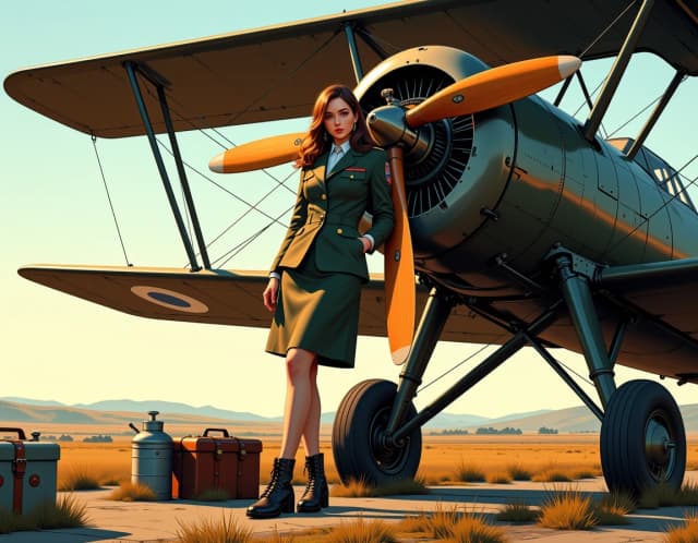 A masterpiece,  in the style of the 1980s, with bold lines, dynamic strokes and rich textures, on background with a touch of nostalgia, perhaps with subtle drawings inspired by cellulose and vintage, worn textures similar to paper, oil painting,  A cinematic, hyper-detailed painterly illustration of a vintage airfield scene: a confident woman in a tailored olive-green officer uniform with brass insignia, white blouse, pencil skirt and lace-up leather ankle boots leaning casually against the nose of a polished wooden-prop biplane at golden hour. Warm sunlight and long soft shadows create rim light on her hair and jacket; slight film grain and soft lens bloom. The biplane features an exposed radial engine, varnished wooden propeller, fabric-covered wings with visible ribs and rigging wires, riveted metal panels and a roundel on the tail. Foreground props include wooden wheel chocks, canvas tarpaulin, metal fuel cans, a small folding ladder and leather toolboxes. Composition: low three-quarter view, subject slightly left of center, wings framing diagonally, shallow depth of field focusing on the woman’s face and the engine detail, distant rolling fields and low hills under a clear pale blue sky. Emphasize rich textures—wood grain, stitched leather, woven fabric, brushed metal—warm ochre and olive palette with muted blues and sepia tones, realistic oil-painting style with cinematic lighting and crisp, meticulous detail, 4k quality. hdr