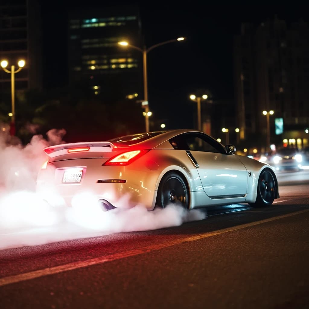 Nissan 350z делает бернаут на главной улице в ночном городе, тормоза раскалились, из колес идет дым