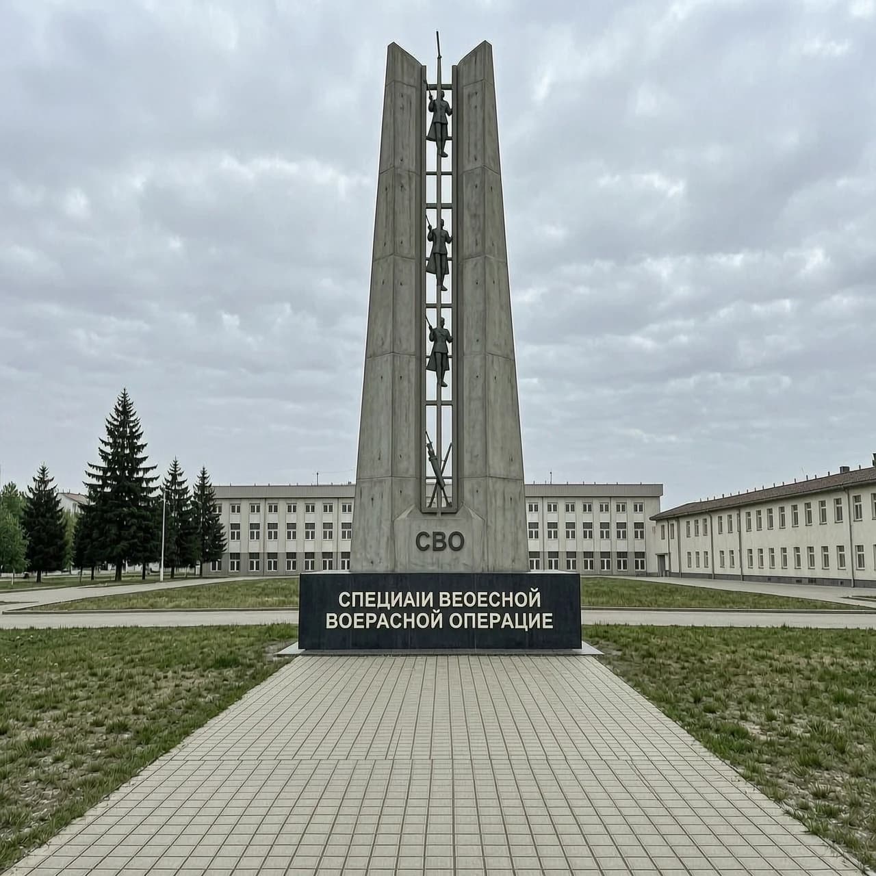 Фотореалистичный кадр: памятник в честь специальной военной операции стоит как входная группа перед территорией, перед памятником дорожка из плитки, сам памятник выполнен из бетона и метала, без применения человека в самом памятнике, с применением атрибутики СВО, что бы было узнаваемо, о какой операции идет речь, памятник должен быть вытянутым вверх