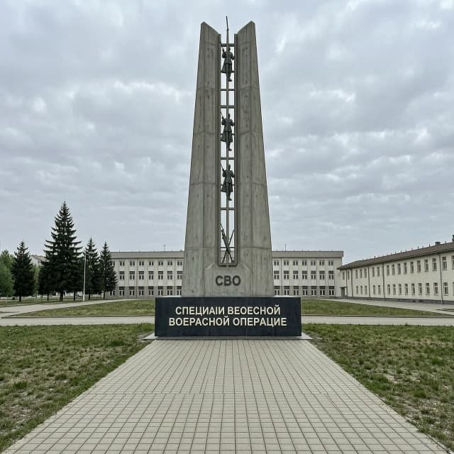 Фотореалистичный кадр: памятник в честь специальной военной операции стоит как входная группа перед территорией, перед памятником дорожка из плитки, сам памятник выполнен из бетона и метала, без применения человека в самом памятнике, с применением атрибутики СВО, что бы было узнаваемо, о какой операции идет речь, памятник должен быть вытянутым вверх