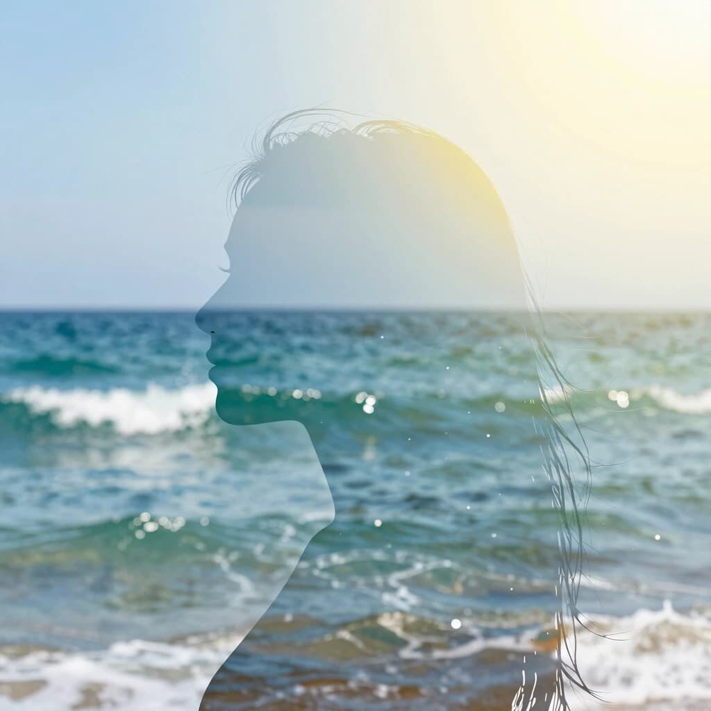 (Double exposure: 1,9). Abstract background (soft colors, marine theme). Seascape (waves, clear water, splashes) inside transparent silhouette of girl's profile. Dissolving colours. Dissolution of textures. Interpenetration of layers and textures. Stylistics: surrealism, realism. Based exclusively on cool colors + yellow sun rays