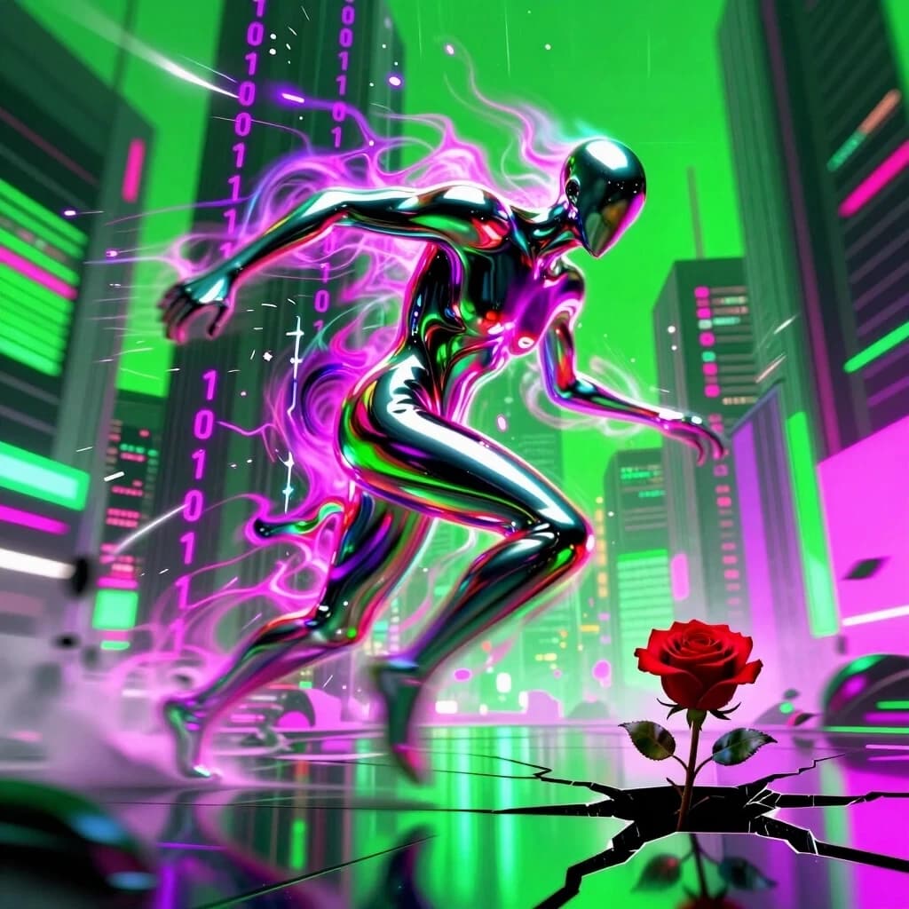 Prompt:
A high-octane, psychedelic cyber-expressionist 8k vision. The "Ghost Emperor" is depicted as a fluid, shifting silhouette made of molten iridescent chrome and liquid neon, constantly morphing and refracting light. He is caught in a dynamic surge of movement, his form dissolving into a torrential rain of glowing binary code and electric violet sparks as he lunges forward. His target is a single, hyper-realistic organic red rose growing from a crack in a sterile, mirrored floor. The surrounding environment is a distorted, melting cityscape of Tokyo-inspired neon skyscrapers, bending and twisting like a fever dream. Lighting: blinding acid-green and electric magenta hues, with volumetric light rays piercing through a digital haze. Technique: fluid dynamics simulation combined with aggressive brushstrokes of a digital canvas, high-speed motion blur, iridescent reflections, an overwhelming sense of desperation and longing.