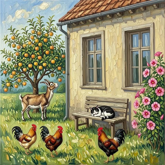 Рисунок маслом.Дом с двумя окнами. На заднем плане яблоня, коза пытается достать до яблока. Перед окнами скамейка и на ней спит кот.  На углу дома цветет мальва. Гуляют куры и петух