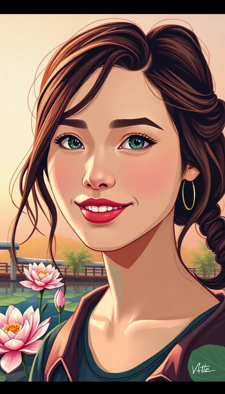 a young woman of the Caucasian type with bright, expressive facial expressions and expressive facial features. The face is rounded, with soft contours and noticeable, but not sharp, cheekbones; the shape gives the face a benevolent appearance, with a medium-height forehead that is smooth and without deep wrinkles; the hairline is smooth and framed by light strands. The eyebrows are neat and arched, with a medium width, emphasizing the emotional nature of the gaze. The eyes are large and almond-shaped, with an open and lively expression. straight nose, with a thin back and a neat tip; medium-full lips, curved in a wide smile; the outline is clear, the smile is open. fair skin, with an even tone and a natural blush; dark brown hair, wavy, and styled loosely; some of the strands frame the face, while others are gathered in a light, semi-collected hairstyle.
A masterpiece,  in the style of the 1980s, with bold lines, dynamic strokes and rich textures, on background with a touch of nostalgia, perhaps with subtle drawings inspired by cellulose and vintage, worn textures similar to paper,oil painting, woman standing by a lily pond, soft sunrise lighting, impressionist oil painting style, visible delicate brushstrokes, luminous water reflections, misty atmospheric depth, Claude Monet inspired color palette of lavender and pale green, painterly and dreamy