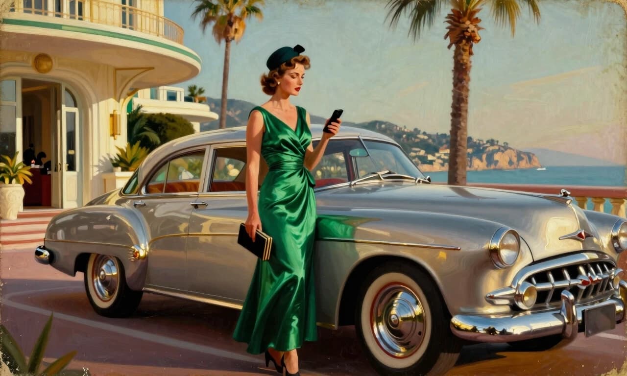 A masterpiece,  in the style of the 1980s, with bold lines, dynamic strokes and rich textures, on background with a touch of nostalgia, perhaps with subtle drawings inspired by cellulose and vintage, worn textures similar to paper,oil painting, Full-scene photorealistic cinematic depiction of 1950s coastal glamour: an elegant woman in a floor-length emerald satin gown with gathered waist detail and a small dark hat stands beside a sleek vintage silver coupe parked at the porte-cochère of an Art Deco luxury seaside hotel. Golden-hour warm sunlight bathes the scene, creating soft rim light on her silhouette and shimmering reflections on the car’s chrome and glass. Compose with a three-quarter view, woman slightly left of center, full-body pose holding a compact box clutch in one hand and a slender smartphone in the other, poised expression, classic coiffed hair, subtle makeup. Background shows sweeping curved terraces, palm trees, Mediterranean coastline and distant hills, shallow depth of field with crisp foreground detail, rich filmic color grading (emerald, champagne, cream tones), delicate film grain, high resolution, strong contrast, soft shadows, realistic skin and fabric texture, reflective surfaces carefully rendered, moody yet elegant atmosphere. Camera: low eye-level, 35mm perspective, wide aperture, naturalistic cinematic lighting. celshading, simple background