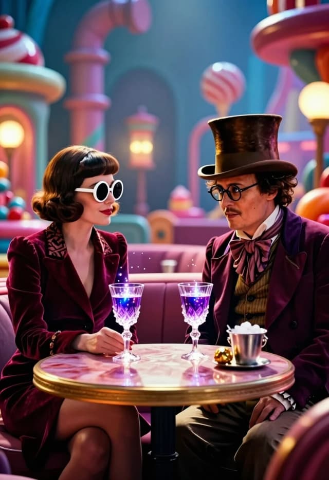 Photorealistic cinematic shot, 8K, ultra-detailed. Two characters sit across from each other at a small, elegant table in a surreal, candy-themed lounge: on the left, a woman with a chic bob, wearing the iconic oversized white-framed round sunglasses and a deep burgundy velvet jacket with a patterned collar; on the right, Willy Wonka (Johnny Depp) in his signature top hat and frock coat, also sporting his original eccentric eyewear.

The table between them holds two delicate crystal glasses filled with a glowing, iridescent purple liquid that shimmers with tiny floating sparkles. A small silver ice bucket with a single gold-wrapped chocolate beside it rests nearby. The background is softly blurred but hints at the whimsical Wonka factory aesthetic: pastel-colored pipes, faint glowing panels, and abstract candy-shaped structures.

Lighting is moody yet vibrant: cool blue tones from behind contrast with warm golden highlights on the characters’ faces and the table setting. Subtle lens flare and soft bokeh add cinematic depth. The atmosphere is playful, slightly mysterious, and rich with fantasy. No text, no logos.