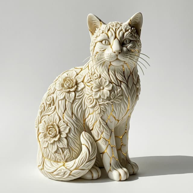 Digital image in Baroque and rocaille style with elements of kintsugi technique. Close-up. (Decorative sculpture made of white porcelain: 1.5). Golden cracks. Volume. The Persian cat. Glossy, porcelain, shiny. The cat's head and body are decorated with gorgeous embossed flowers. (Perfect white porcelain (1.5 ). Exquisite carvings that convey the fur, whiskers and tail of a seated cat. The edges of the leaves and the patterns are decorated with intricate carvings. Thin twigs, delicate flowers and leaves. Lots of fine gold veins. Intricate weaves, swirls, almost psychedelic ornaments. An amazing, mesmerizing sight: the glow. Luminescence. The background is white, with shadows and spectacular lighting. Style: rococo, surrealism, fairy tale, fantasy. Dynamic and expressive. Subtle patterns. Stylization, intricate decorative molding, surrealism, modernism. In the manner of Andrew Jones, Lorenzo Bernini. High quality.