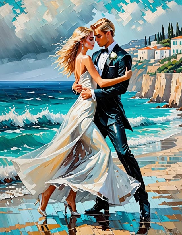 A masterpiece. Creating an image. Style - oil painting. ((On the shore of the turquoise sea, against the background of the Mediterranean landscape, dancing in the warm rain, in the foreground a beautiful blonde girl, expressive eyes, clear facial features, in a wedding dress and veil, and a handsome young man in a tuxedo, in full height, dancing together, holding hands, waltzing in the warm summer rain, the sun is shining The sun:1.6)). High resolution. High detail and clear texture. Close-up. High quality. Increased attention to small details. The aspect ratio is 3:4. The artists are Levitan, Shishkin.