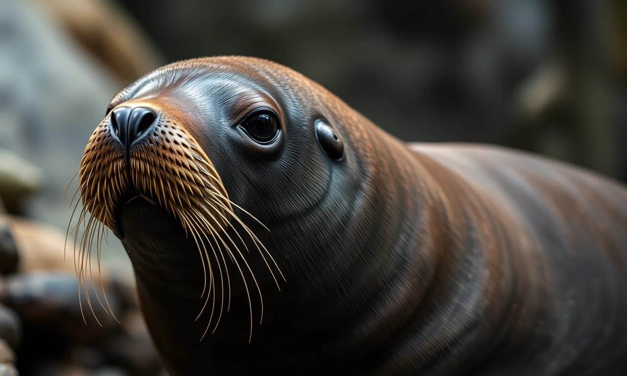 Мне нужно воссоздать японского морского льва (на латинском Zalophus japonicus). Этот японский морской лев, обитавший в Японском море, вымер к 1950-м годам из-за охоты на него и загрязнения окружающей среды.Японские морские львы были крупными животными, но, как и у многих ластоногих, самцы были значительно крупнее самок.
Самцы: Длина тела достигала примерно 2,5–3 метров, вес мог превышать 500 кг.
Самки: Были меньше, около 1,5–2 метров в длину и весом до 300 кг.
Имели типичное для ушастых тюленей обтекаемое мускулистое тело, хорошо приспособленное для плавания. Голова относительно крупная, с хорошо выраженной шеей.
Морда: Удлинённая, слегка сужающаяся к носу.
Ноздри: Расположены на конце морды, овальной формы.
Губы: Толстые, мясистые, с чувствительными вибриссами (усами).
Вибриссы (усы): Очень длинные, густые, беловатые или светло-серые.
Глаза: Крупные, тёмные, расположены по бокам головы. 
Ушные раковины: Ярко выраженные маленькие наружные ушные раковины (отличительная черта ушастых тюленей), которые они могли загибать внутрь при погружении.
Череп: Отличался от черепа калифорнийского морского льва, имел свои специфические черты, которые использовались систематиками для его идентификации (например, форма черепа, зубы).
Основной цвет: Шерсть была преимущественно темно-коричневого или серовато-коричневого цвета. 
Изобразить  шерсть и поверхность тюленя, так крупно, как будто смотрю через лупу, так реалистично и приближенно к фотографии, как это только возможно