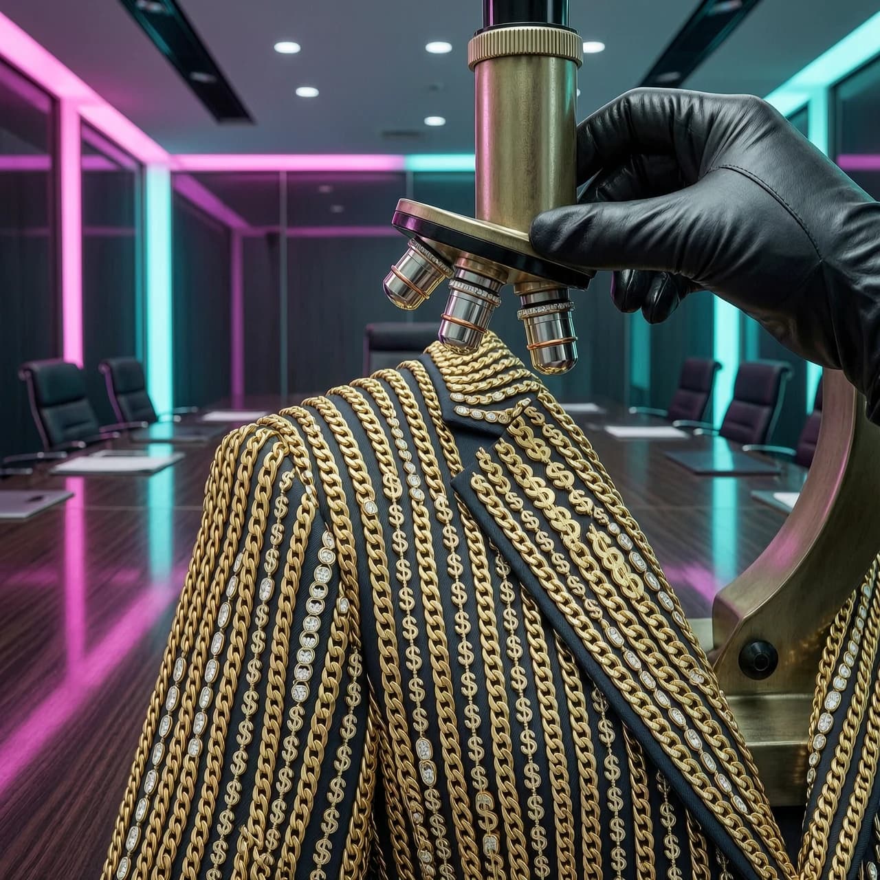 A hyper-surreal maximalist collage: an extreme close-up of a power suit's shoulder and lapel, magnified through a giant vintage microscope. The fabric of the suit is not wool — it's woven from interlocking gold chains, diamond-encrusted threads, and tiny molecular structures shaped like dollar signs. A gloved hand (the owner of the suit) adjusts the microscope, revealing that the "power" is literally in the fabric. The background is a dark, corporate boardroom with glowing neon pink and cyan reflections on the polished table. The palette is deep charcoal, gold, diamond white, and electric magenta. Hyper-detailed textures, sci-fi corporate meets surrealism. 2:3 vertical. No text.