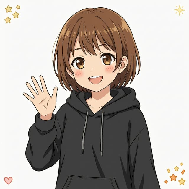 Modern anime style, high quality anime aesthetic, 2D anime illustration, full-grown  anime girl, short brown hair, expressive brown eyes, wearing an oversize black hoodie, solid crisp white background, sharp clean outlines, cell shading, flat colors, professional key visual, close-up portrait, smiling happily, waving hand at camera, joyful anime expression