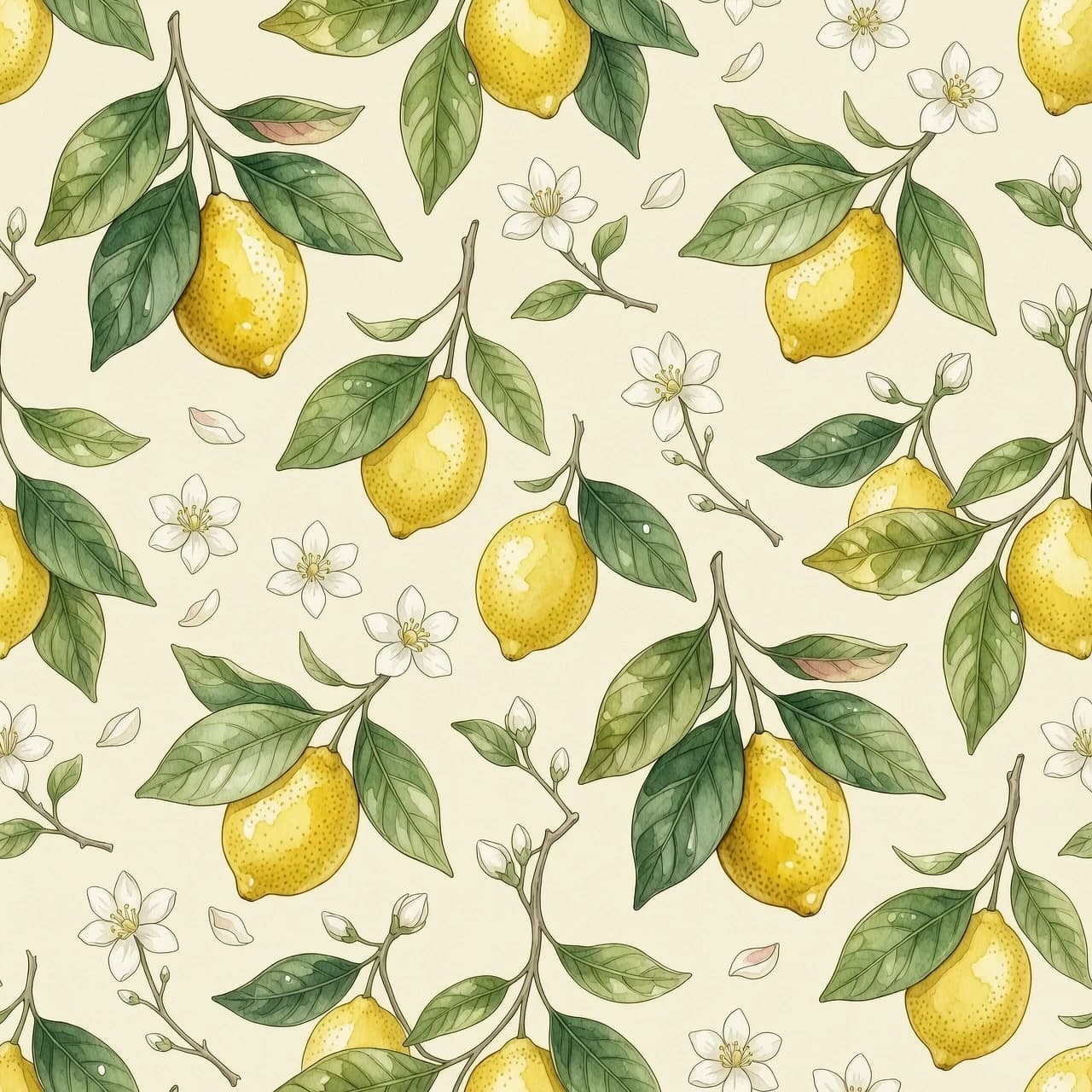 A seamless vintage print pattern filling the entire frame. Watercolor illustration of ripe yellow lemons, detailed green citrus leaves with visible veins, and delicate white blossoms on thin branches. Mediterranean aesthetic, hand-drawn botanical art, soft watercolor washes and textures. Flat composition, light ivory ivory-cream paper background. Elegant, clean, no text --ar 3:4 --v 6.0Если используешь Midjourney, в