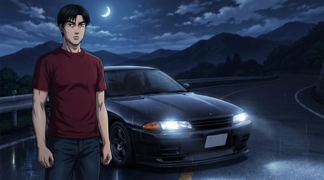 Initial D (Аниме), Такеши Наказато (парень в темно-красной футболке и в джинсах, короткие черные волосы, серьезный взгляд) стоит радом с черным Nissan Skyline GT-R R32, стоит на горной дороге, горящие фары, на фоне японских гор, ночь с луной, шедевр, крупный план, стиль аниме с реалистичными деталями