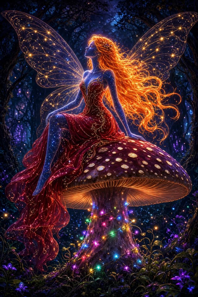 zidiusArt, a majestic ethereal fairy sitting gracefully atop a giant, whimsical spotted mushroom, the fairy silhouette is a transparent window into a deep starry night sky, she is wearing an intricate flowing crimson red silk dress, vibrant glowing neon orange hair cascading down, large dark translucent fairy wings intricately decorated with shimmering golden constellations, the giant mushroom base is wrapped in multicolored glowing LED fairy lights, set in a mystical dark forest