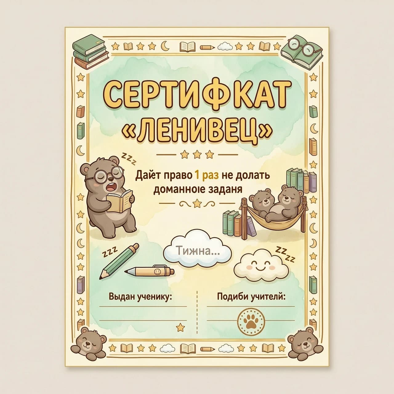 Вертикальный подарочный сертификат формата А6 в стиле школьной награды. Декоративная рамка из тёплых пастельных тонов: бежевый, мятный, светло-жёлтый. По центру сверху крупными игривыми буквами с лёгкой тенью надпись «СЕРТИФИКАТ „ЛЕНИВЕЦ“». Ниже — «Даёт право 1 раз не сделать домашнее задание». Иллюстрации по бокам и внизу: милый ленивец в очках зевает над книжкой; второй ленивец спит в гамаке между учебниками; спящая ручка, сонный карандаш, облако с надписью «Тишина…», облачко со смайликом «ZZZ». Внизу слева поле «Выдан ученику: __________», справа «Подпись учителя: __________» и место для печати в виде лапки ленивца. Стиль: мультяшный, добрый, яркий без пестроты, мягкие линии, лёгкая акварельная текстура. Настроение весёлое и поощряющее, мягкий студийный свет, вид прямо, высокое разрешение.