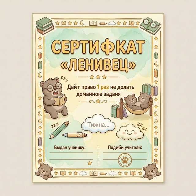Вертикальный подарочный сертификат формата А6 в стиле школьной награды. Декоративная рамка из тёплых пастельных тонов: бежевый, мятный, светло-жёлтый. По центру сверху крупными игривыми буквами с лёгкой тенью надпись «СЕРТИФИКАТ „ЛЕНИВЕЦ“». Ниже — «Даёт право 1 раз не сделать домашнее задание». Иллюстрации по бокам и внизу: милый ленивец в очках зевает над книжкой; второй ленивец спит в гамаке между учебниками; спящая ручка, сонный карандаш, облако с надписью «Тишина…», облачко со смайликом «ZZZ». Внизу слева поле «Выдан ученику: __________», справа «Подпись учителя: __________» и место для печати в виде лапки ленивца. Стиль: мультяшный, добрый, яркий без пестроты, мягкие линии, лёгкая акварельная текстура. Настроение весёлое и поощряющее, мягкий студийный свет, вид прямо, высокое разрешение.
