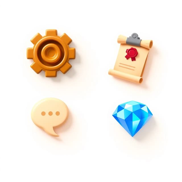 Set of 4 cute glossy 3D cartoon game UI icons, cozy mobile cooking game style, soft rounded shapes, smooth clay-like plastic material with subtle highlights, warm color palette, soft shadows, gentle ambient occlusion, each icon centered on plain solid white background, NO frame, NO border, NO circle plate behind icon, NO badge, NO text, isolated game assets, sprite sheet grid evenly spaced, soft studio lighting, Pixar-like softness, high detail, 4k

Icons in the set:
1. Settings gear icon — warm brown metallic gear, wooden tones
2. Quest scroll / clipboard icon — cream parchment paper with wooden clipboard and small red wax seal
3. Chat bubble icon — soft cream speech bubble, rounded, warm light gray
4. Blue gem / diamond icon — glossy faceted sapphire crystal, bright cyan-blue with sparkles