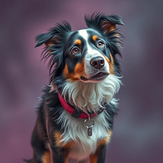 Drawing, surreal, Absurd (Australian Shepherd:1.1) , wearing High-waisted shorts, soft focus, Cyberpunk Art, macro lens, Single Color, Swirling, most beautiful artwork in the world, rich deep colors, dynamic background, (designed by Modern Disney:0.9), confident, ambient, stunning, background inspired, rich deep colors, epic